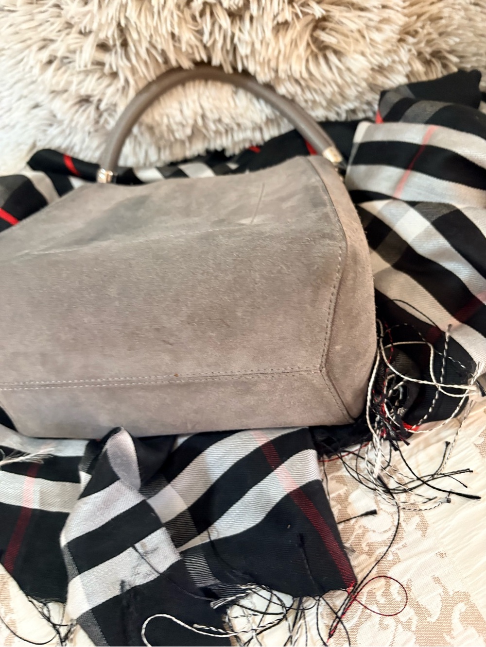 2pc, Mini Gray Suede Top-Handle Bag and crossbody strap with scarf. EUC - Picture 8 of 13